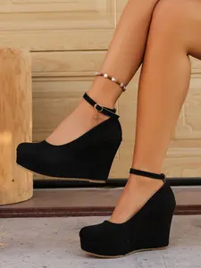 Velvet Mary Jane Shoes with Buckle, Sweet Style Over-The-Knee Heels, Thick Sole Rubber Bottom, All-Season Fashion Footwear
