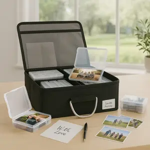 Fireproof Photo Archiving Organizer with Lid - 12 Cases for 4" x 6" & 8 Cases for 5" x 7" Photos - Silicone-Coated Fiberglass - Heat-Insulating Cotton - Water-Resistant Zipper - 17" x 14" x 6"