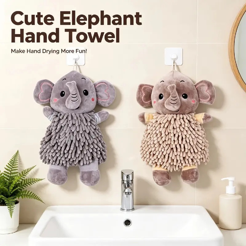 Playful Animal Chenille Hanging Hand Towel - Cute Elephant Design, Super Absorbent Soft Washcloth for Bathroom, Kitchen Home Supplies Decor