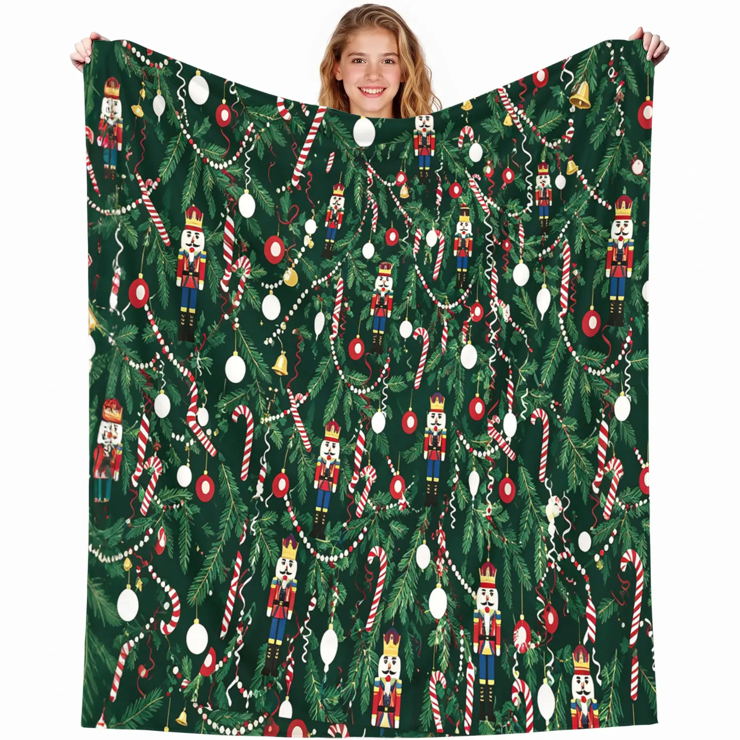 Christmas Holiday Throw Blanket, Green Xmas Tree Printed Fleece Blanket with Candy Cane & Festive Ornaments, Soft Lightweight Plush Fuzzy Blanket for Bed, Couch, Sofa, Christmas Home Decor