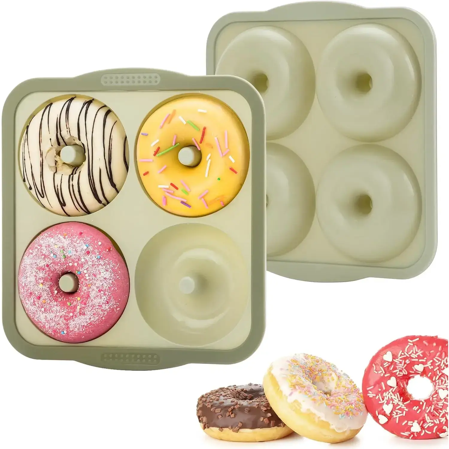 Large Silicone Donut Pans, 4-inch size donught, non-stick baking mold for making 4 Donuts, Cake or Bagels one time, easy to use and dishwasher safe (2 Pack, Green)