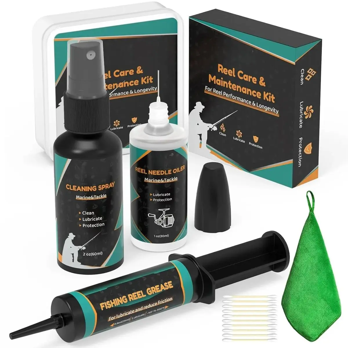 Fishing Reel Oil Kit - Reel Care Kit with 1oz Needle Oiler, 0.9oz Reel Grease, 2oz Clean Sprayer for Lubricate, Protect & Clean - Fishing Gear Maintenance Cleaning Set for Father’s Day