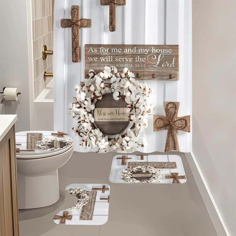 4 piece Farmhouse Faith patterned shower curtain, The 4-piece set includes a single shower curtain, anti slip floor mat, toilet U-shaped mat, toilet lid mat, with shower curtain hook, and belongs to bathroom decoration products