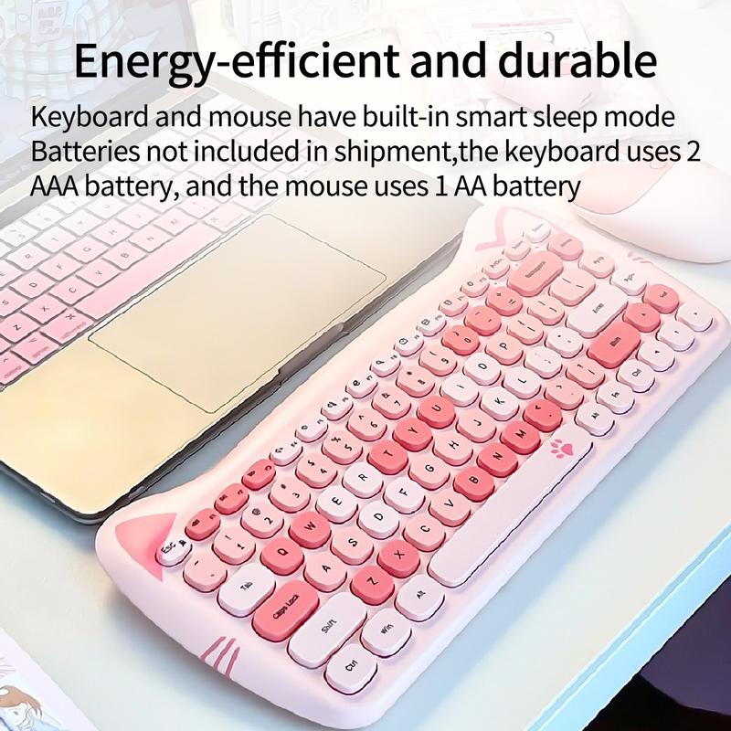 Mofii Pink Cat Keyboard and Mouse Combo, 2.4G Wireless Connection, Cute Aesthetic, Silent Office Use, Compact 2-Zone Keyboard, Universal for Desktops & Laptops, US QWERTY Layout (Batteries Not Included)