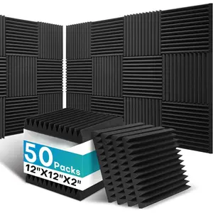 50 Pack Sound Proof  Panels for Walls, 2 X 12 X 12 Inches Acoustic  Panels, High Density Acoustic Panels Sound Absorbing, Noise Cancelling Studio Wedges, Black (NOT INCLUDE ADHESIVE)