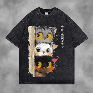 Vintage Peeking Cats Shirt, Cute Japanese Style Cat Graphic Washed Shirt, Cat Lover Gift