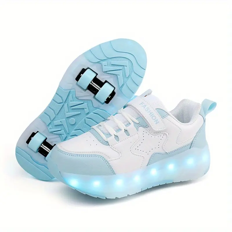 Kids' Glowing USB-Charged Low-Round Toe Casual Lace Roller Skate Shoes & Outfit Set - Autumn/Winter Warm Jacket, Plush Romper, Bow Decoration, Combination of Materials, Comfortable Birthday Boys/Girls, Dustproof, Glowing Design, Laces