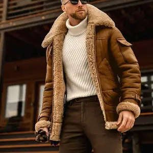 Men's Shearling Aviator Jacket, Genuine Leather with Faux Fur Collar and Cuffs, Winter Warm Outerwear