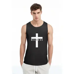 "Believe" Cross Creative Graphic Print Casual Active Tank Top, Crew Neck Sleeveless Fitness Training Sports Vest For Summer