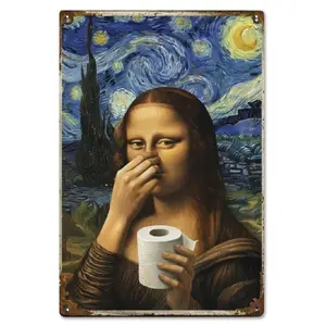 Funny Mona Lisa Bathroom Metal Sign Vintage Toilet Wall Decor Nose Pinching Humor Plaque 8x12 Religious Ornaments