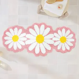 Pink Long Bathroom Rug, Bedroom Area Rug Runner, Daisy Pink Bathroom Mat Cute Flower Bathroom Runner Rug Floral Bathmat Absorbent Bath Mat Decor Girly Room Irregular Mat 24"x51"