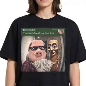 There is Motion at Your Front Door Tung Tung Tung John Pork Shirt, Funny "There Is Motion At Your Front Door" Meme Tee, Unhinged Gen Z Irony Pig holding Cash Graphic T-Shirt