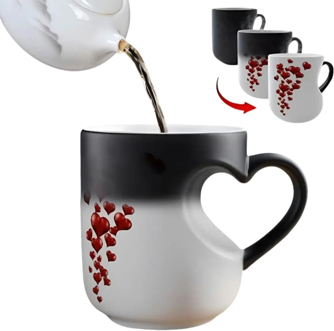 11oz Heart-Shaped Thermochromic Ceramic Mug with Heart Handle - Quirky Temperature Control Valentine Themed Mug, Black-to-White Romantic Surprise Reveal, Valentine’s Gift for Coffee Tea, Heart-Shaped Mugs, Quirky Mugs