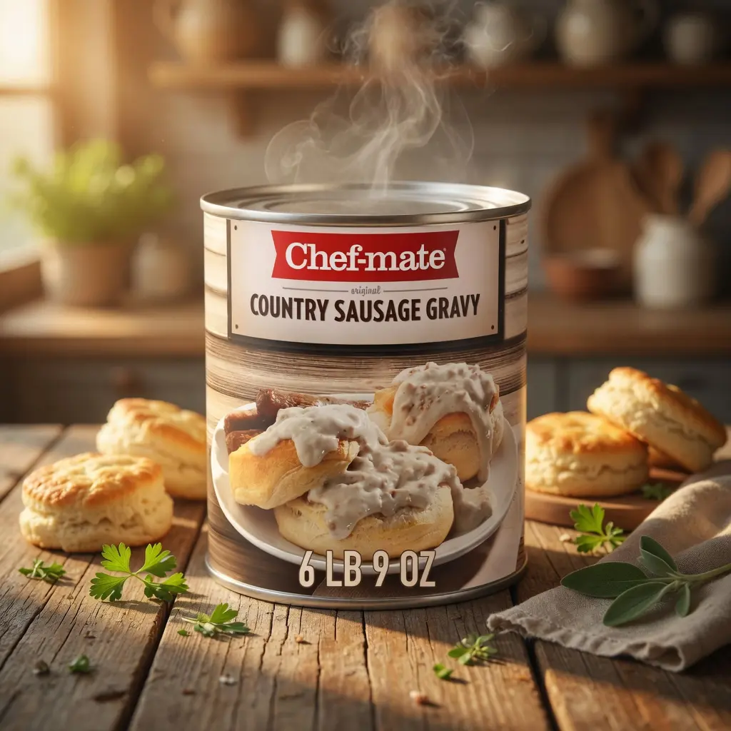 Chef-mate Country Sausage Gravy - Refrigerator-Storable, Ready-to-Eat, Superior Steam Table Holding Time, Tender Pork Breakfast Biscuit Topping, 6 lb 9 oz #10 Bulk Canned Pantry Food
