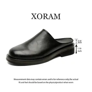 XORAM Men's Shoes 2026 Spring New Release, Round Closed Toe, Outdoor Thick Sole, Height-Increasing, Non-Slip, Trendy Slip-On Leather Shoes Black Footwear Slippers