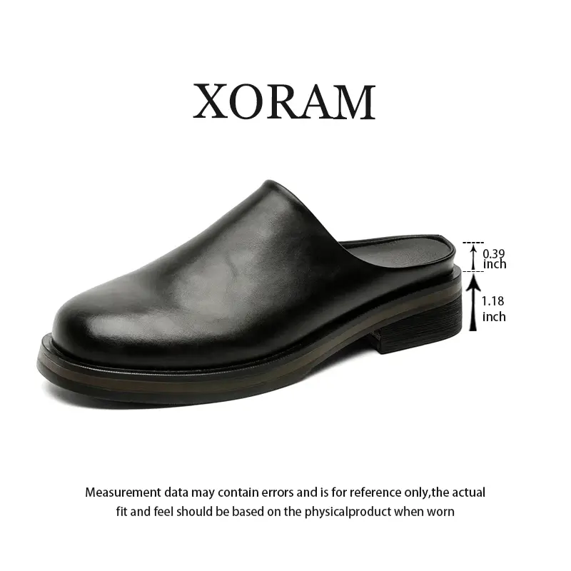 XORAM Men's Non-Slip Leather Mules, 2026 Summer New Release, Round Closed Toe, Outdoor Thick Height-Increasing Sole, Backless Slide-On Leather Footbed Walking Shoes Black, Non Slip Mules, Slide-On Mules,ArchSupportComfortShoes