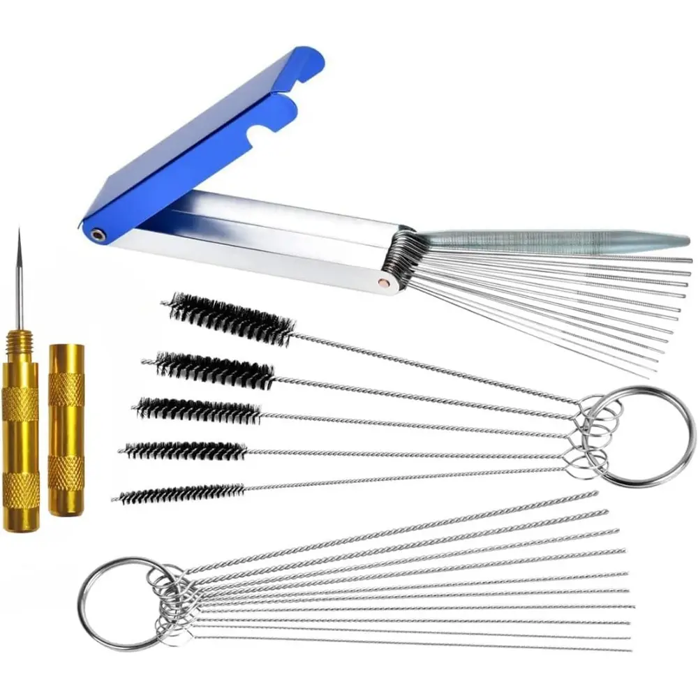 Stainless Steel Carburetor Blockage Removal Cleaner Kit - 1 Set with 13 Multi-Size Cleaning Wires, 10 Cleaning Tools, 5 Non-Deforming Nylon Brushes, 1 Sharp Pick Tool for Motorcycle, ATV, Chainsaw