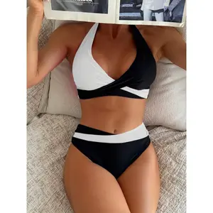 New Split Fashion Solid Color Sexy Splicing Multi Color Hanging Neck High Waist Triangle Women'S Bikini Swimsuit Women