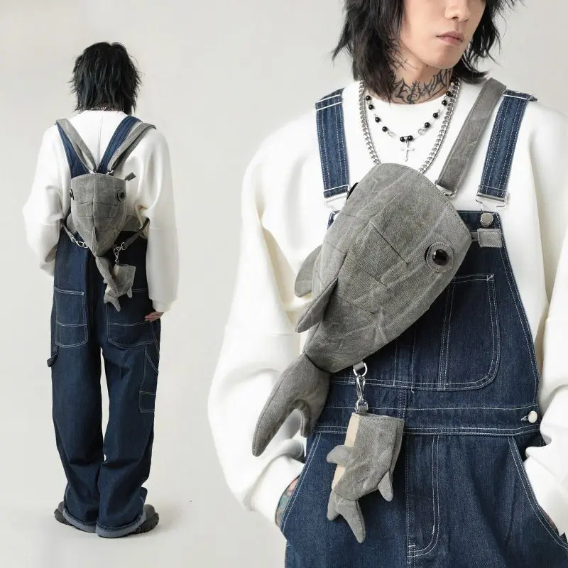 Cute Shark Shape Crossbody Bag with Detachable Mini Shark Pendant Streetwear Casual Daypack for Daily Outing