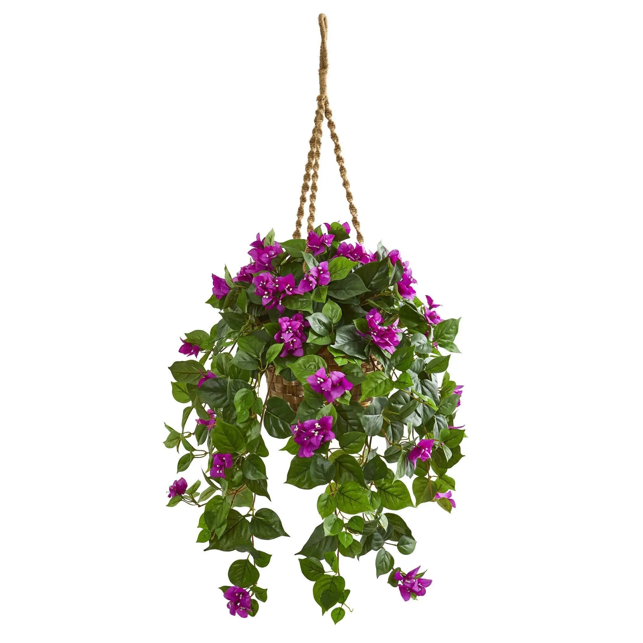 Deep Purple Artificial Bougainvillea Plant in Hanging Basket - Synthetic Artificial Flower Arrangement for Home & Garden Decor