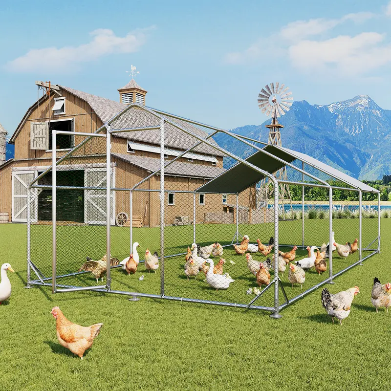 Aoxun Galvanized Steel Walk-In Chicken Coop - 1-Inch Diameter Coated Metal Outdoor Enclosure with 420D Oxford Fabric Cover, Spire Roof, Pocket, Lock Door Security, Hex Mesh, Rainproof, Predator Safe, Easy-Maintenance Farm Cage for Chickens, Geese