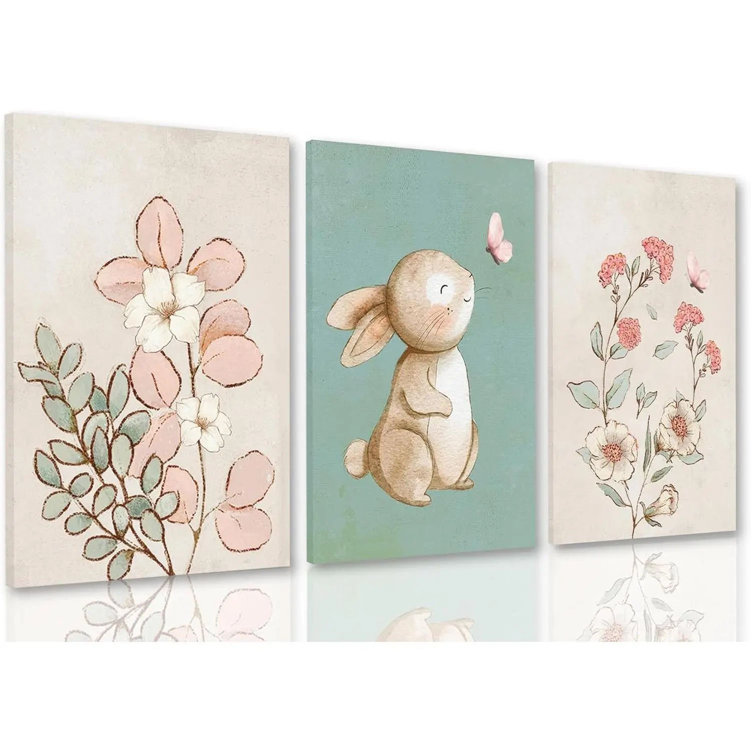 12x16 in Framed Wood Nursery Wall Art Set of 3 - Pink Flower Botanical Prints, Green Bunny Canvas Decor, Cute Animals Wall Art for Kid Room, Bedroom, Balcony, Wardrobe Home Decor