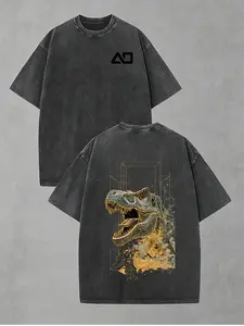 AOPLUS Original Geometric T-Rex T-Shirt - Relaxed Fit Vintage Washed Black Streetwear Tee