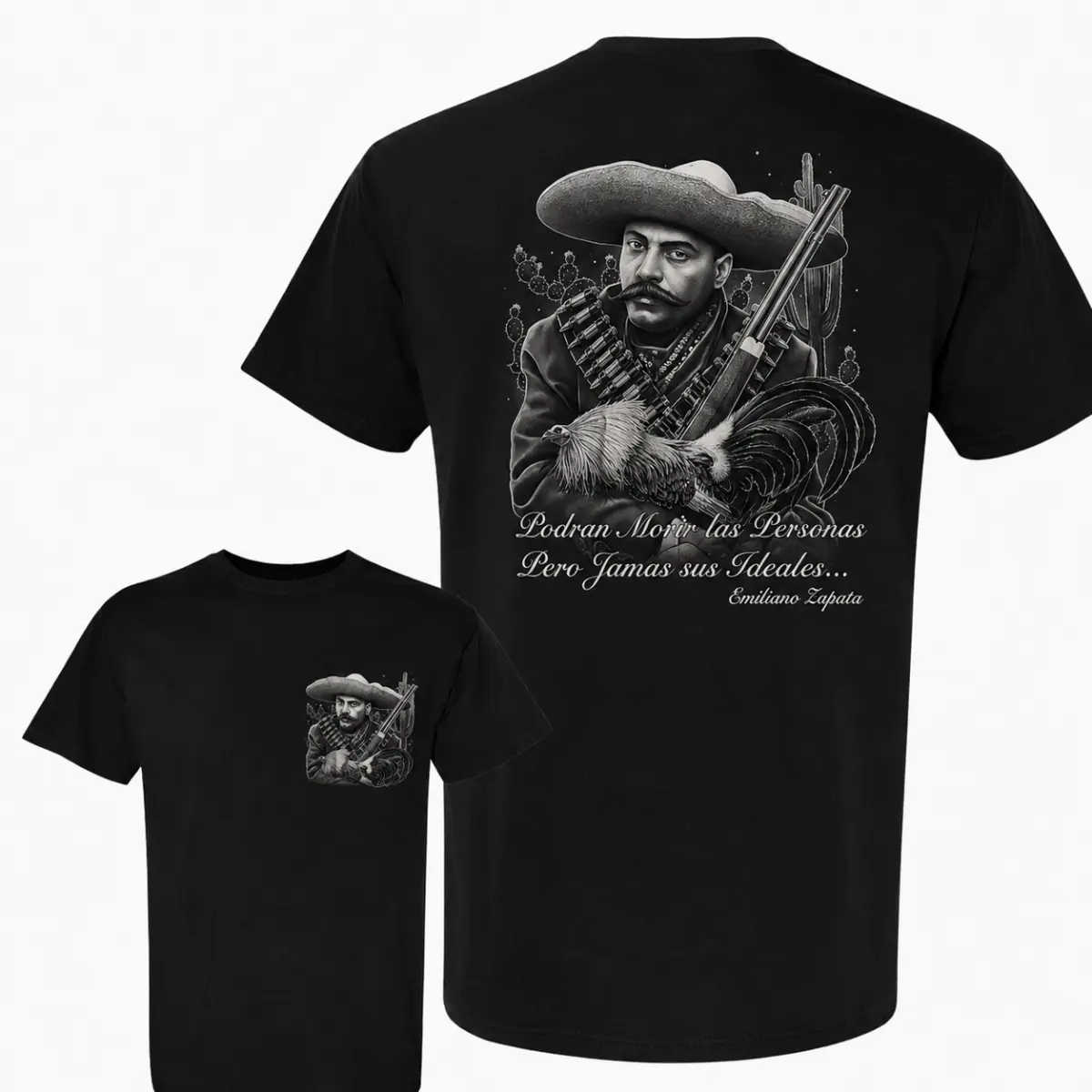 Emiliano Zapata Rooster T-Shirt, Mexican Revolution Graphic Tee, Gamefowl Chicken Ranch Shirt, Charro Western Double Sided Tee, Hispanic Heritage Gift for Rooster Lovers