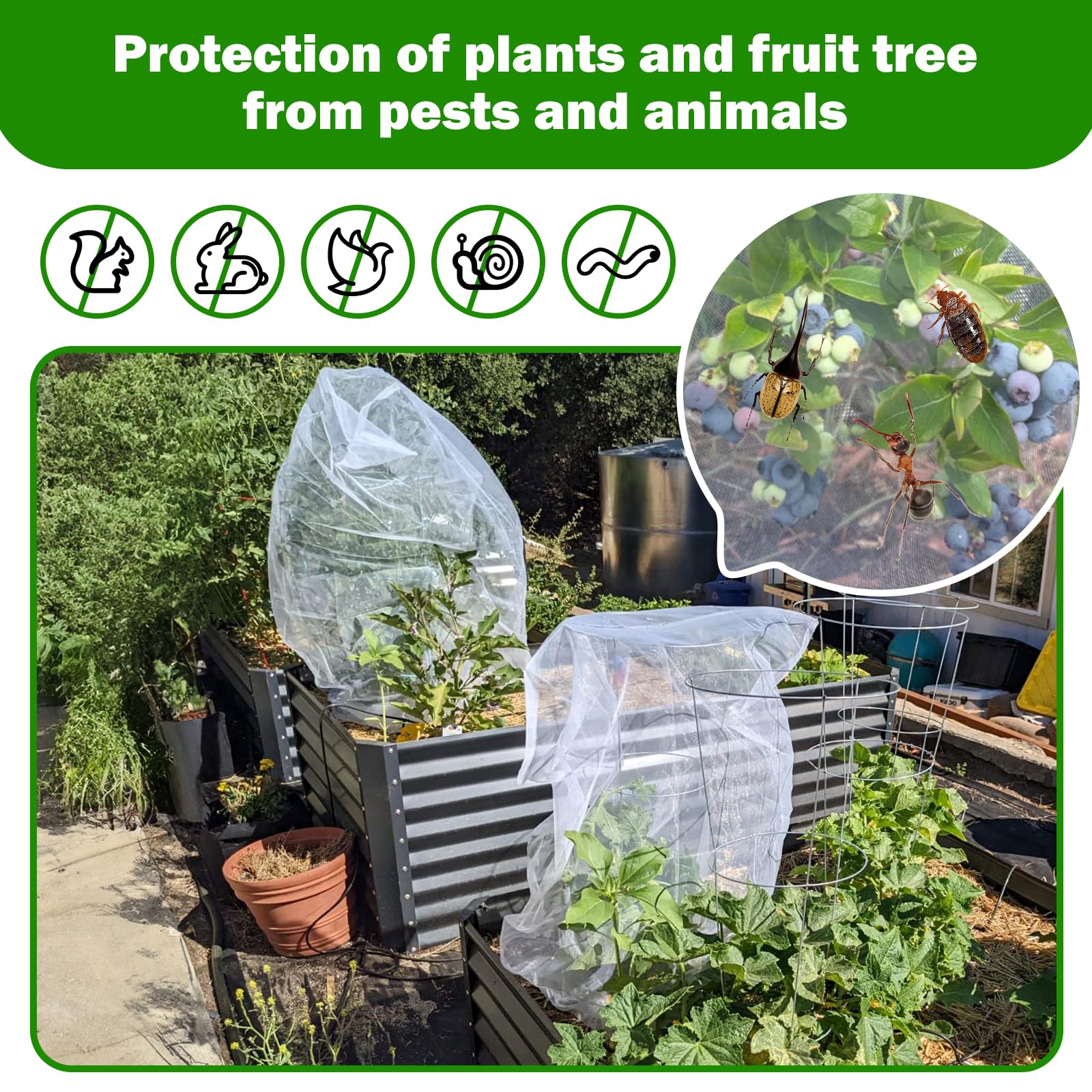 Garden Bird Net Protection — Set of 4 Drawstring Garden Protection Nets, Mosquito Net Tomato Protector Cover, Gardening Plant Protection Net suitable for cicadas, insects, vegetables, blueberries, and shrubs