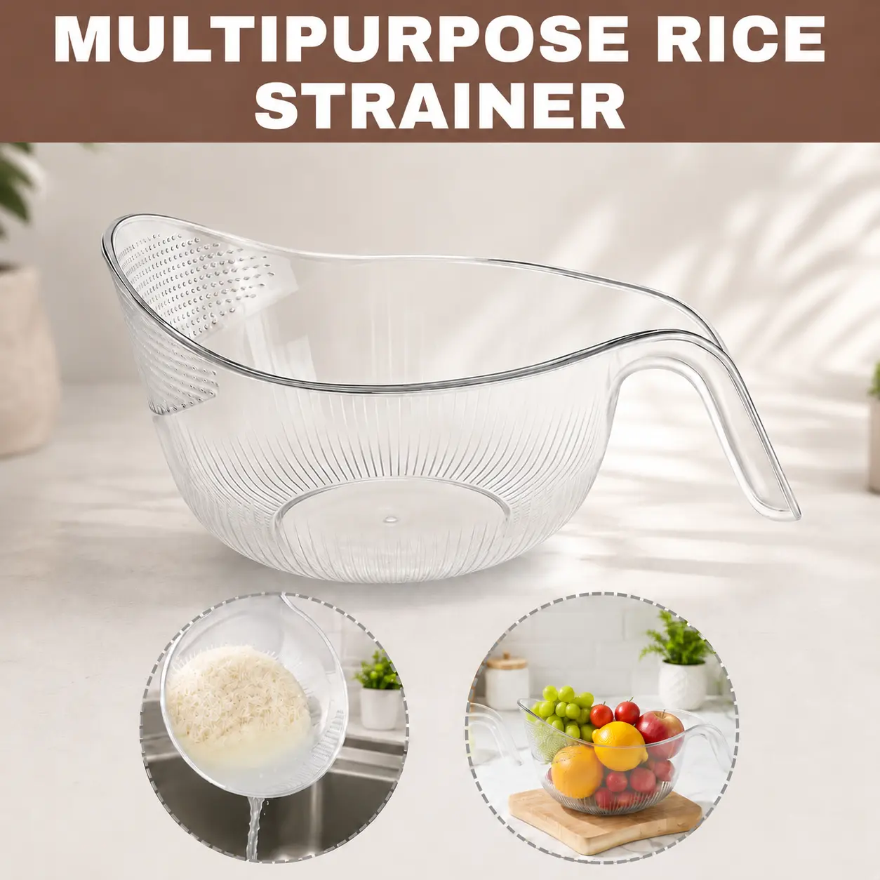 Aesthetic Multifunctional Rice Strainer Basket with Handle - Sturdy BPA-Free Transparent Plastic Kitchen Utensil, Drainage Hole Fruit Washing Self-Draining Sieves and Colanders for Vegetables, Coffee Dispenser
