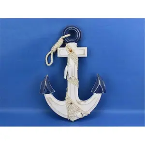 212 MAIN Handcrafted Solid Wood Nautical Model Ship - 13 in. Anchor-Shaped Hanging Wall Decoration, Rustic Blue-White Design, Detachable Hook, Rope, Shells, Wall Decor Accent