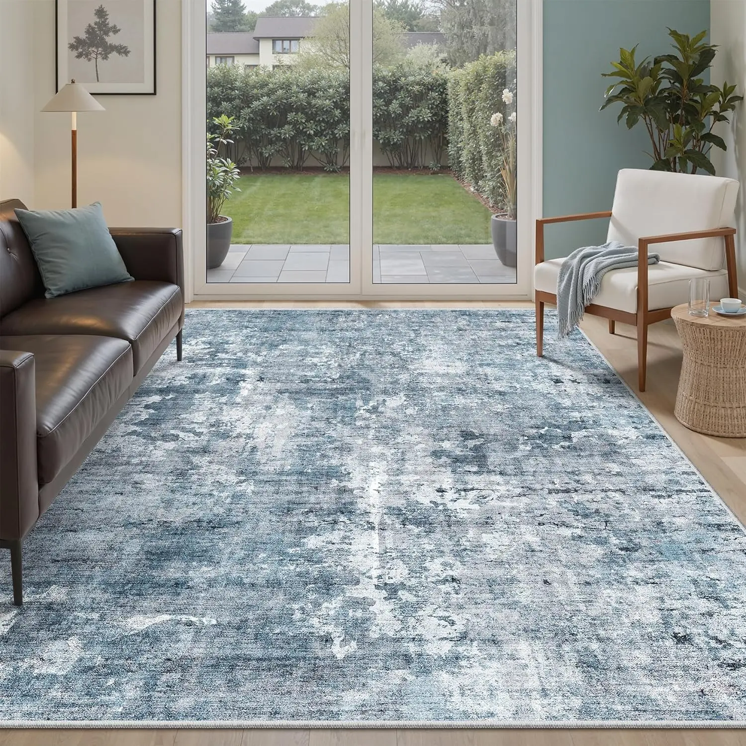 ComiComi Abstract Rug 8x10 Large Living Room Rugs Neutral Modern Washable Area Rugs for Bedroom Dining Room Non-Slip Stain Resistant Foldable Thin Blue