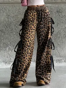 Women's Leopard Print Loose Long Pants Sleepwear Loungewear, Side Bow Design, Casual Fashion for Daily Wear or Outdoors, 1 Piece Set