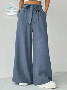Women's Solid Color Knot Front Wide Leg Pants, Casual Comfy Pocket Trousers for Daily Wear, Ladies Bottoms for All Seasons