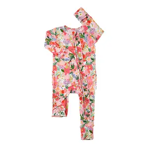 Eliana RUFFLE ZIP Easter Floral Soft Bamboo Viscose Zipper Romper with Mitten Cuffs & Fold-over Feet for Newborn to 24m