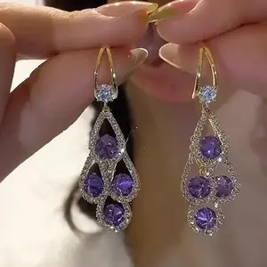 2pcs Elegant Purple Water Droplet Pendant Earrings - Golden-Tone Alloy with Sparkling Purple Gemstones & Clear Crystals, Perfect for Valentine's Day, Christmas, Halloween, Anniversary Gifts & Party Jewelry, Valentine's Day Earrings