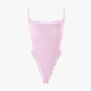 lunaclo Lace Series Women's Spaghetti Strap Lace Trim Breathable Quick-Drying Flexible Bodysuit, Chic Lightweight High Stretch Playsuit, Seamless Basic Skin-Friendly Nightdress Womenswear