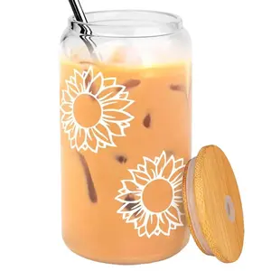 Sunflower Gifts for Women - Sunflower Cup with Bamboo Lids and Straw, Cute Sunflower Cups, Beer Can Shaped Drinking Glass Cup, Inspirational Sunshine Birthday Christmas Gifts for Mom - 16 oz Can Glass