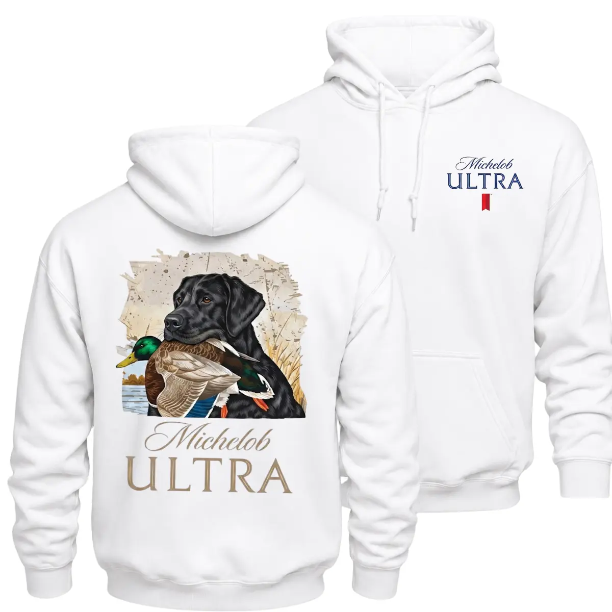 Labrador Duck Hunting Hoodie, Retriever Wildlife Graphic Sweatshirt, Outdoorsman Sports Pullover, Classic Beverage Logo Apparel, Durable Graphic Print Hoodie For Men, Outdoor Adventure Gear, Casual Fall Winter Top, Hunter Gift