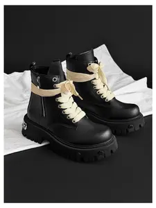 Men's Rice Pioneer Deconstruction High-Top Boots, PU Leather, Thick Sole, Strap Design, Casual Style, All Seasons