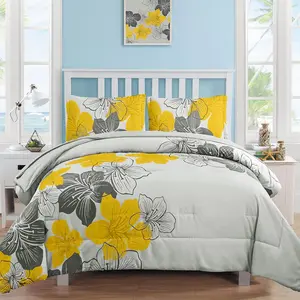 Yellow Comforter King Size, 7 a Bag Yellow Floral Comforter and Sheet, Microfiber Grey Complete Sets for Seasons