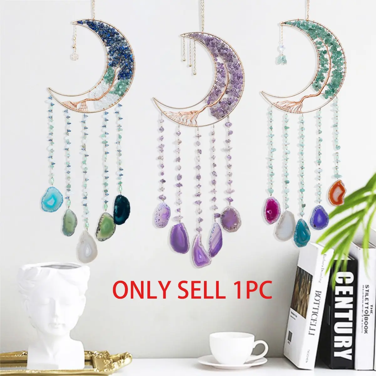 Natural Crystal Design Moon Sun Catcher, Agate Pendant Wind Chime Dream Catcher, Tassels Pendant Decor, Colorful Crystal Prism, Wall Hanging Design, Creative Home Decor, Suitable for Decorating Garden, Patio and Balcony, Gift For Indoor and Outdoor Use