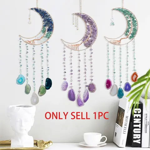 Natural Crystal Design Moon Sun Catcher, Agate Pendant Wind Chime Dream Catcher, Tassels Pendant Decor, Colorful Crystal Prism, Wall Hanging Design, Home Hanging Decoration, Home Decor, for Decorating Garden, Patio, Gift For Indoor and Outdoor Use