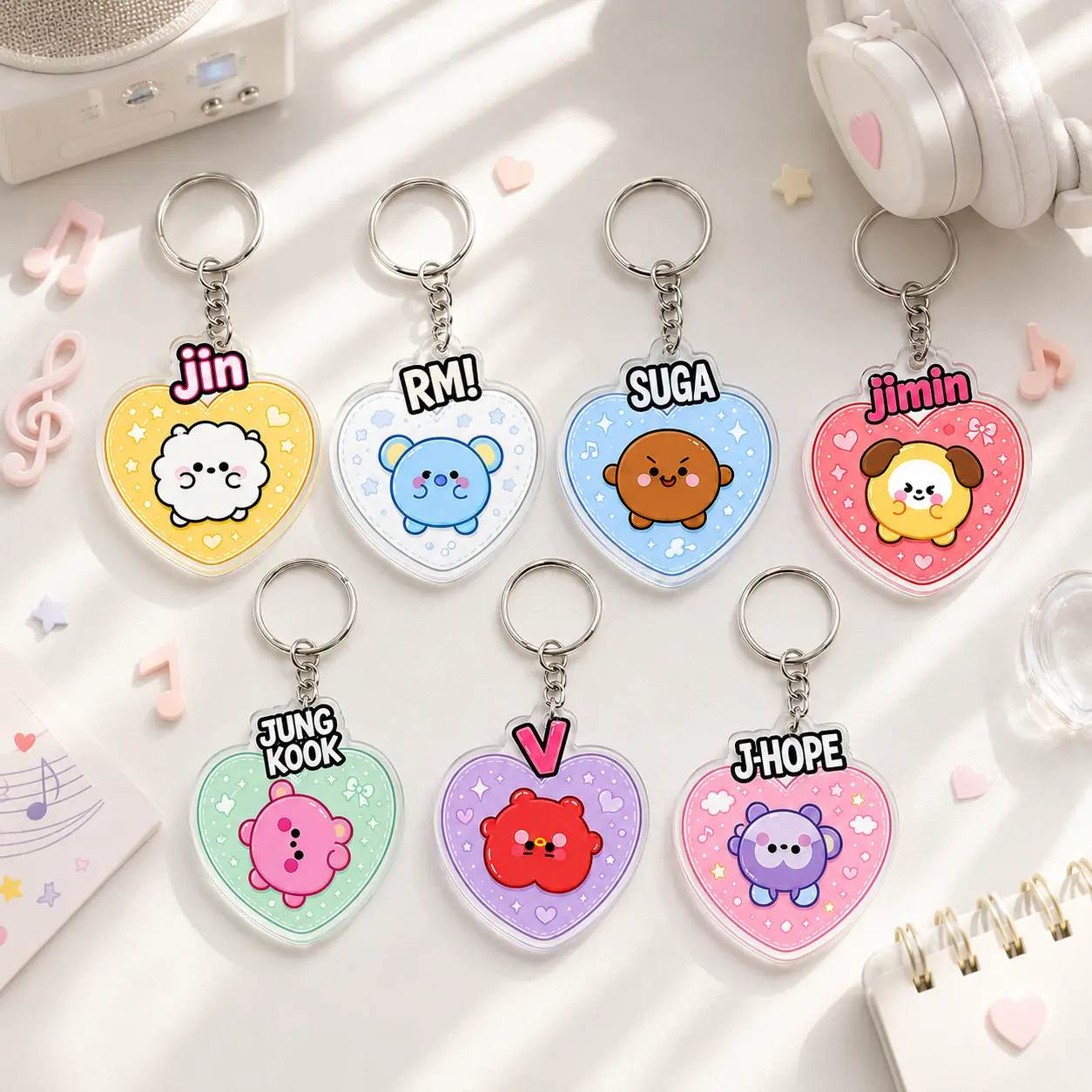 Cute Cartoon Character Heart Acrylic Keychain, K-Pop Idol Fan Bag Charm, Aesthetic Music Lover Keyring, Custom Chibi Gift