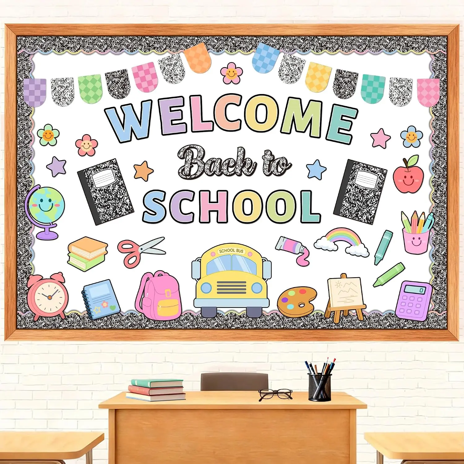 Welcome Back to School Bulletin Board, Composition Notebook Classroom Decor | Back to School Bulletin Board Set, Composition Notebook Stationery Paper Cutouts for Classroom Office Door Wall Chalkboard