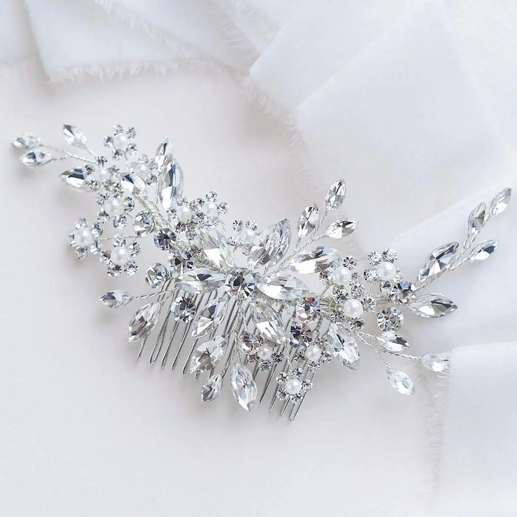 Crystal Bridal Hair Combs Rhinestones Hairpieces Flower Wedding Clips Accessories for Brides and Women 1(Silver)