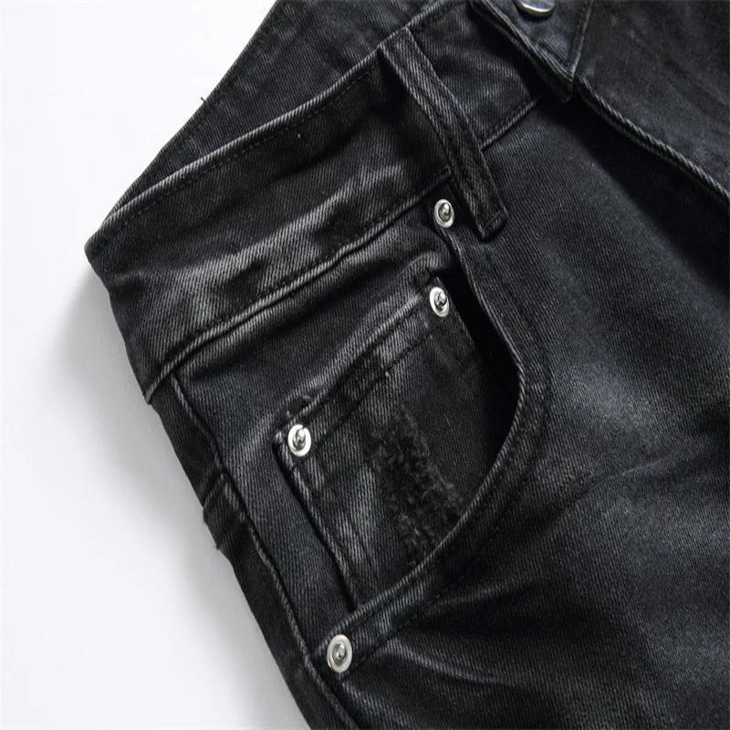 Men's retro black jeans with ripped holes, trendy stretch slim fit, fashionable pants, versatile men's pants Casual