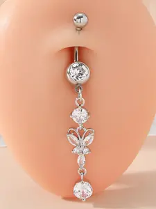 Unisex Rhinestone Butterfly Belly Ring, Stainless Steel Punk Piercing Jewelry, 14g 10mm Cz Navel Stud, Fashion Body Gift for All Seasons, Artificial Zircon