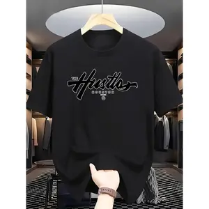 Cotton Short Sleeve  T-Shirt Hustle Houston Graphic Print T-Shirt for Men, Casual Crew Neck, Polyester Knit Fabric with Slight Stretch, Regular Fit, Short Sleeve Tee with Patterned Details for Summer