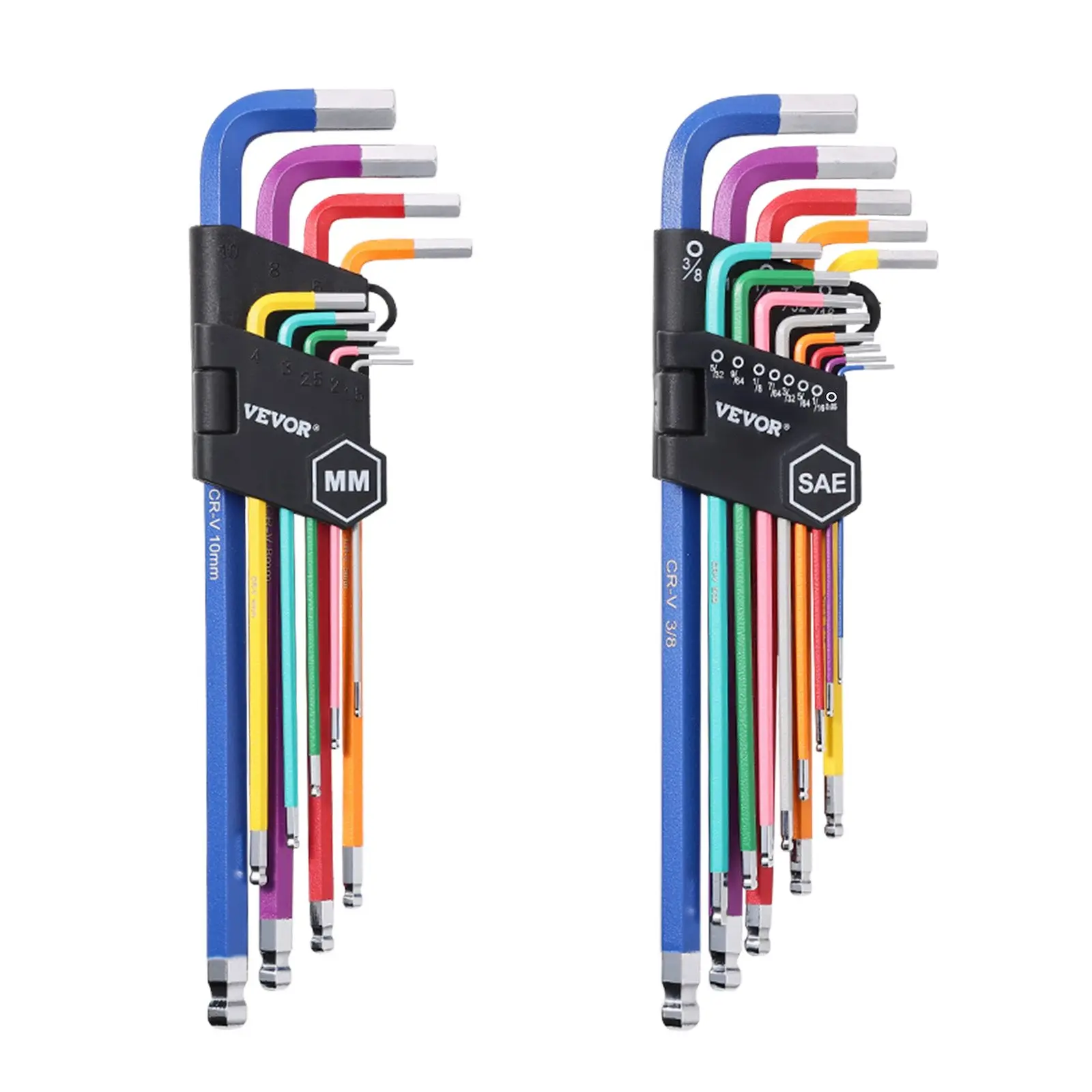 VEVOR 22-Piece CR-V Alloy Hex Key Allen Wrench Set, L-Shape Long Ball End Kit with Color-Coded SAE (0.050-3/8 in) & Metric (1.5-10 mm) Keys, Corrosion-Resistant, 1.7 lbs, Foldable Storage Box for Bicycle Repair, Household Repair, Fathers Day, 22 Pcs